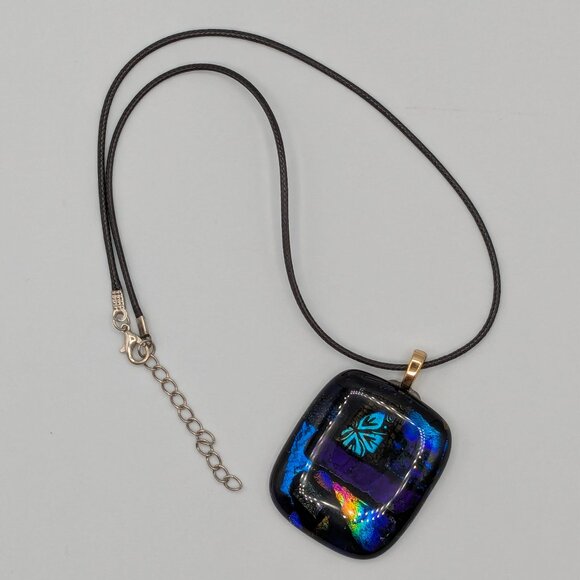 Fused Glass Dichroic Necklace, Pendant, Black Cord, 18", Multicolor - Picture 1 of 10